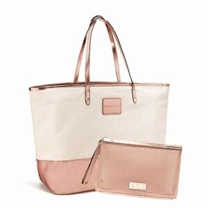 Victoria's Secret Beige & Rose Gold Glam Large Tote & "Fun In The Sun" Pouch Set